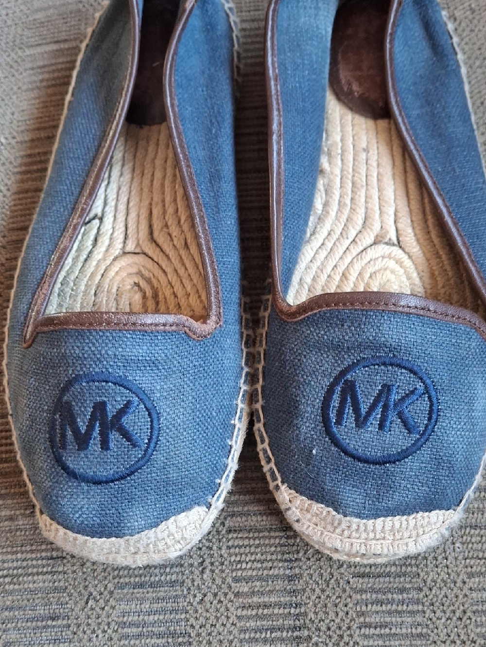 Michael Kors Navy Canvas Espadrille Flats with Brown Trim